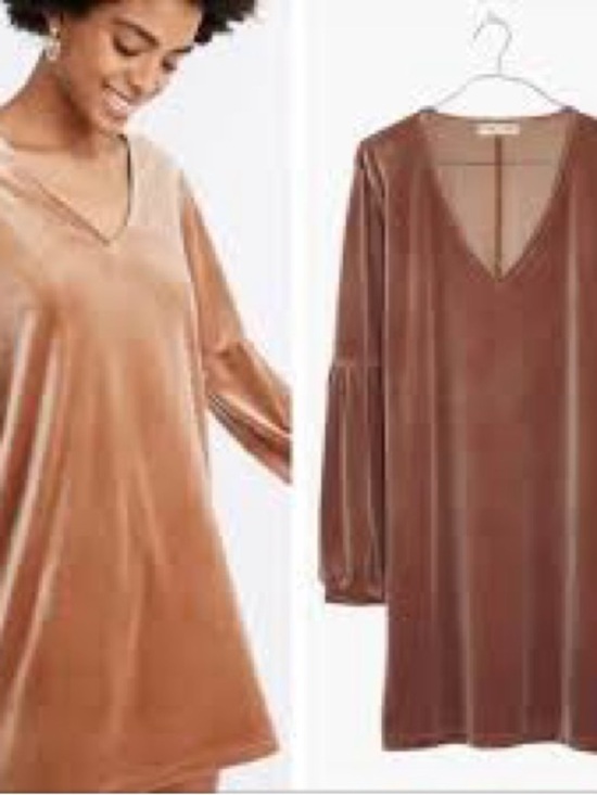 Madewell Dresses & Skirts - Madewell Velvet V-Neck Shift Dress Tan Long Sleeve Mini Dress Size M